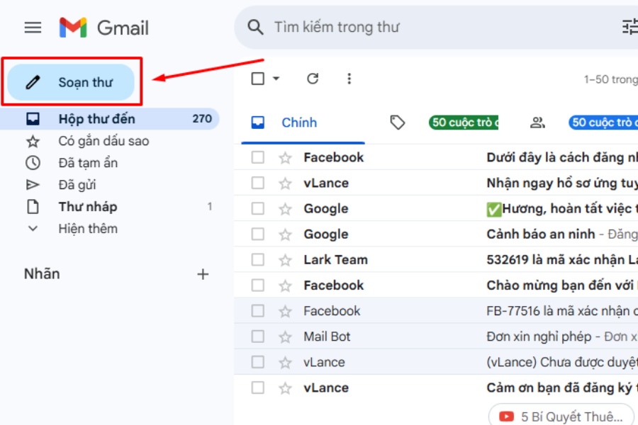 Nhấp vào mục “Soạn thư” trong Gmail